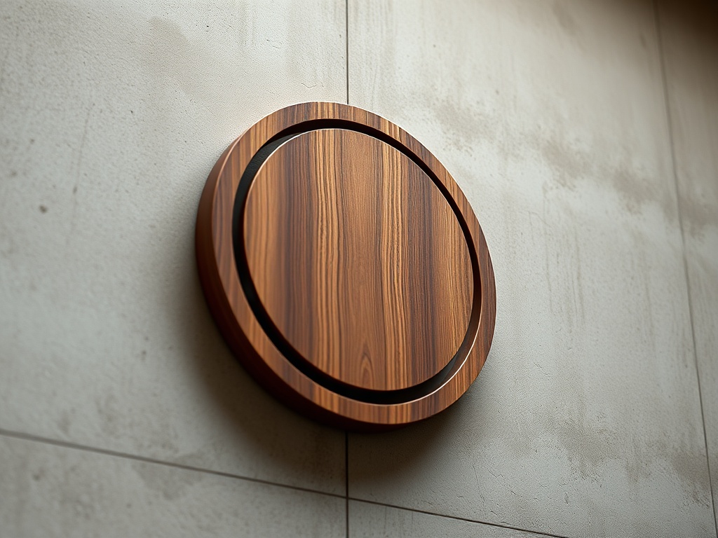 Close-up of a minimalist circular wood and brass logo sign on a textured concrete wall, soft side lighting, 8k photorealistic commercial photography style, extreme clarity.